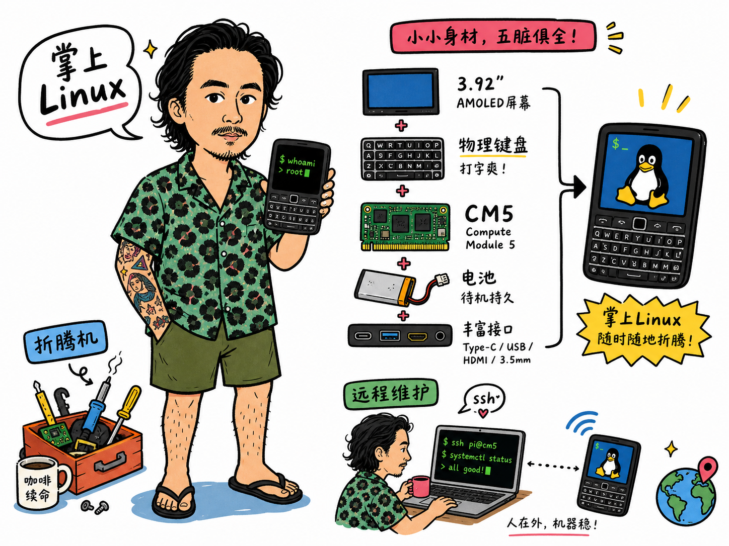 九拿着掌上 Linux 设备，旁边拆解屏幕、键盘、CM5、接口和远程维护场景
