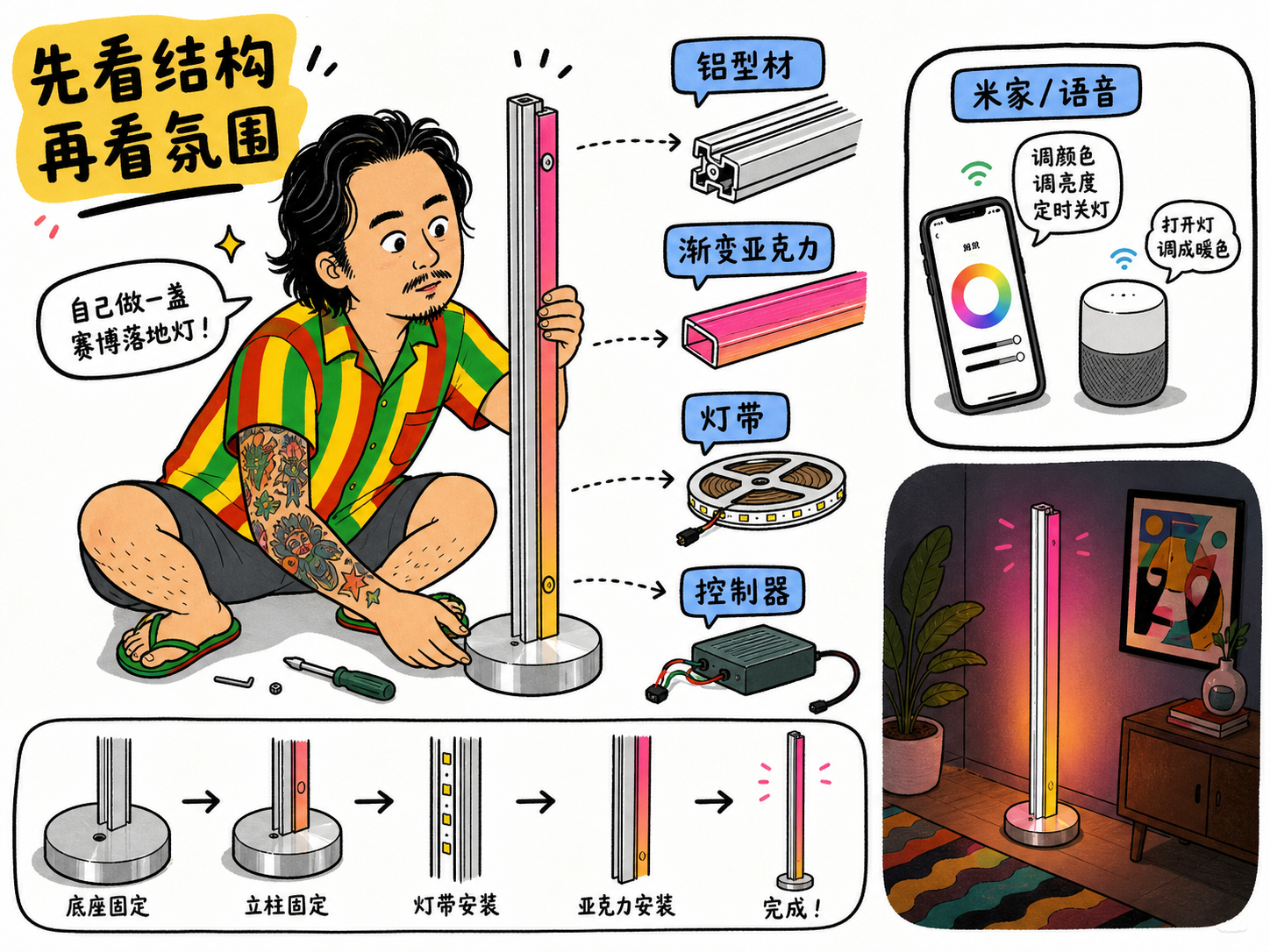 九组装赛博落地灯，图中拆出铝型材、渐变亚克力、灯带和控制器