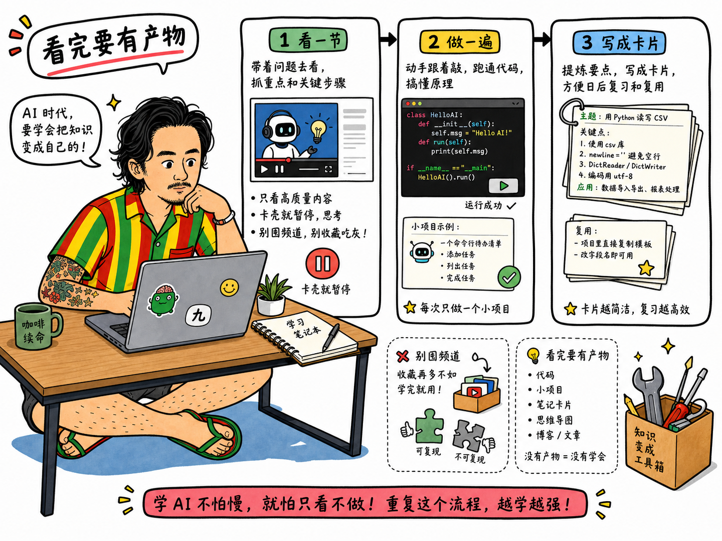 九看 AI 学习视频后，把内容拆成看一节、做一遍、写成卡片的学习系统